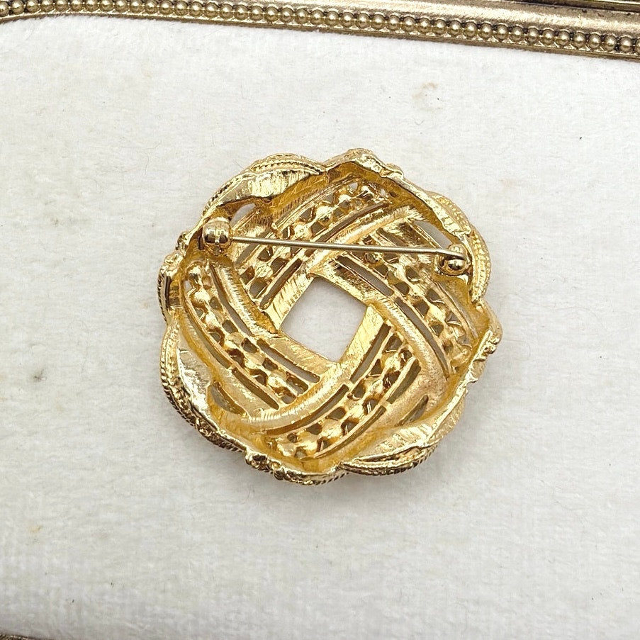 Vintage Brooch Rhinestones knot Gold Tone
