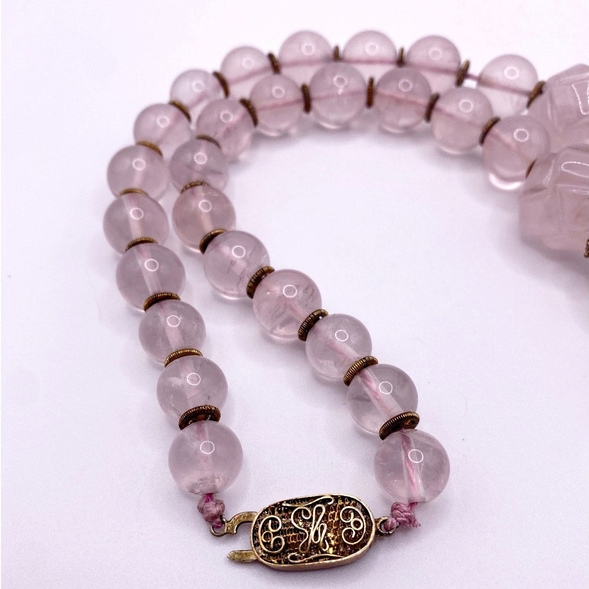 Shou Signed Carved Rose Quartz Vintage Chinese Necklace Vermeil Clasp