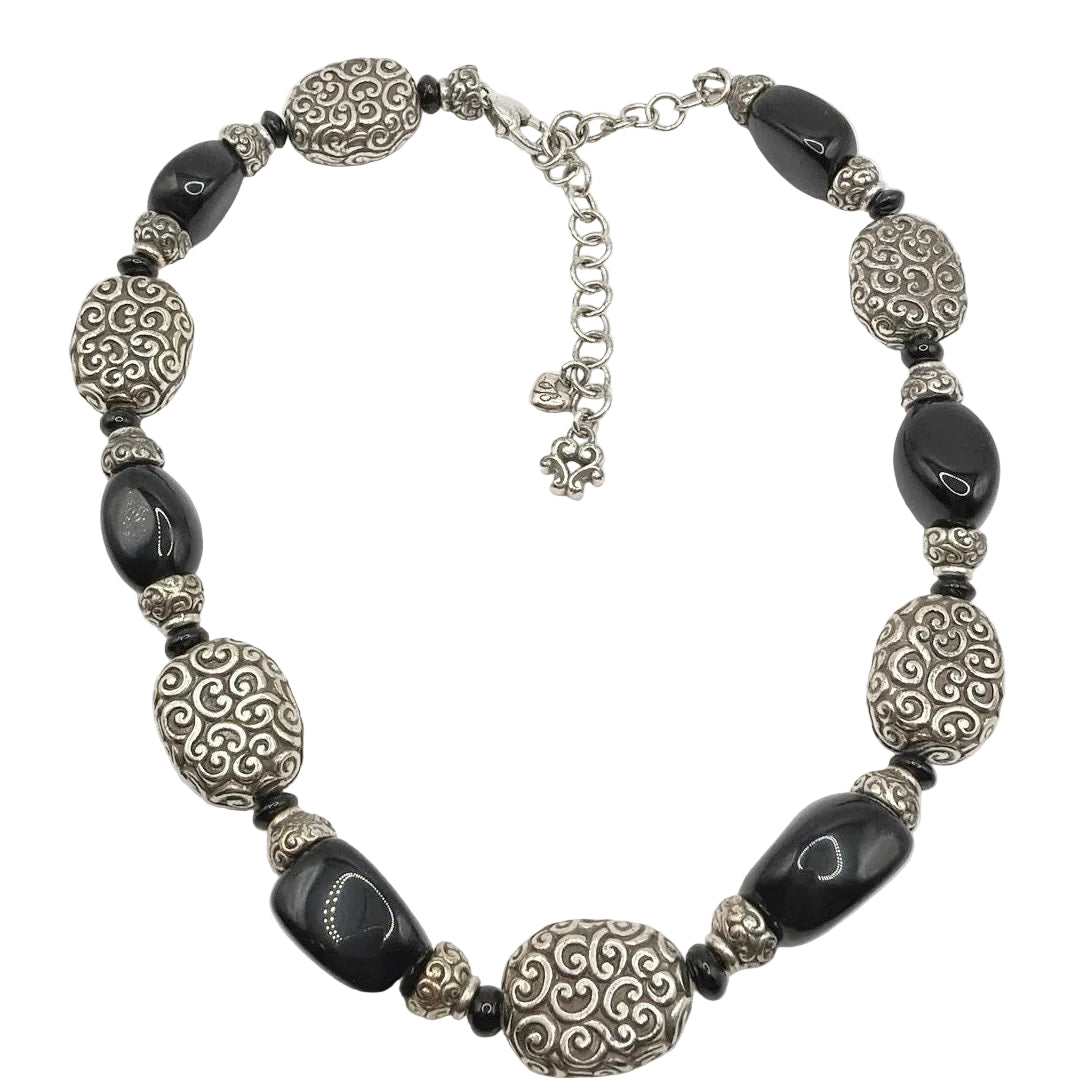 Brighton Vintage Onyx Gemstone Silver Plated Adjustable Necklace 20”