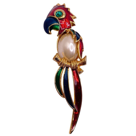 Vintage Large Parrot Brooch Faux Pearl Jelly Belly Unsigned