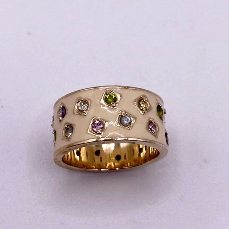 Sterling Silver Gold Vermeil Enamel Wide Band Ring 5.5"