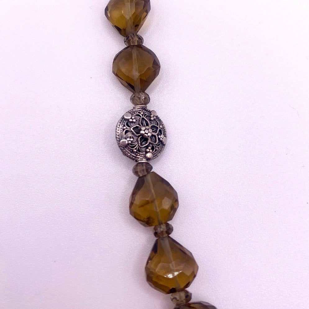 Smoky Quartz Gemstones Necklace with Art Nouveau Floral Beads 15”