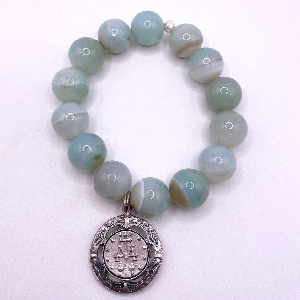 Miraculous Virgin Mary Medal and Caribbean Green Agate Stretchy Bracelet 7”