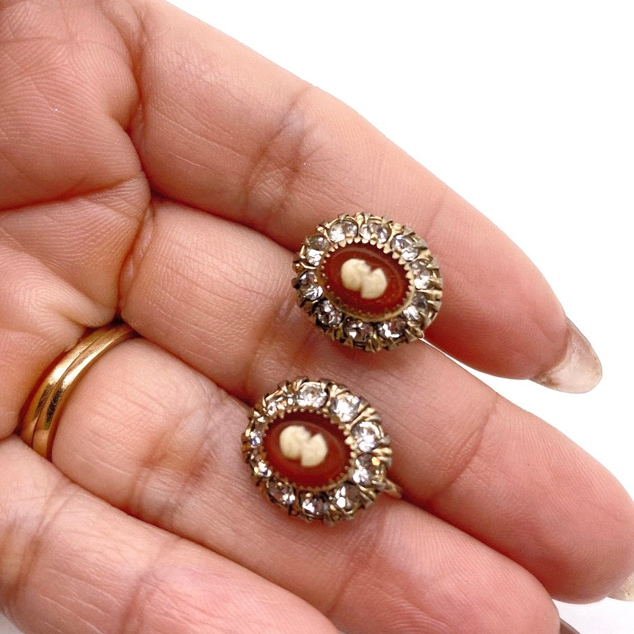 Vintage Screw Back Resin Cameo and Rhinestones Gold Tone