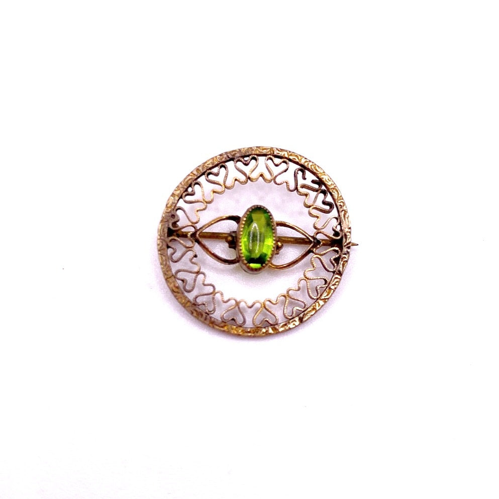 Antique Edwardian Era Brass filigree Small Brooch With Bohemian Green Glass Stone