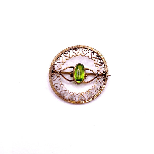 Antique Edwardian Era Brass filigree Small Brooch With Bohemian Green Glass Stone
