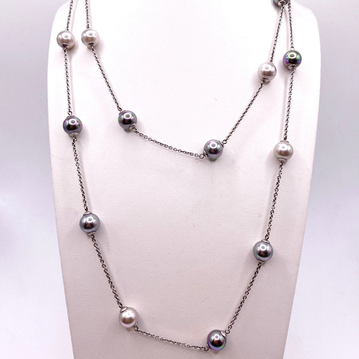Majorica Necklace Sterling Silver-Colorful High Quality Faux Glass Pearls 34”