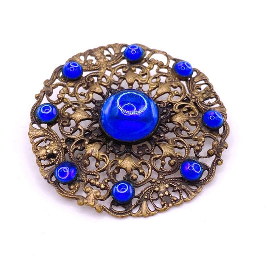 Blue Czech Glass Art Nouveau large Brooch