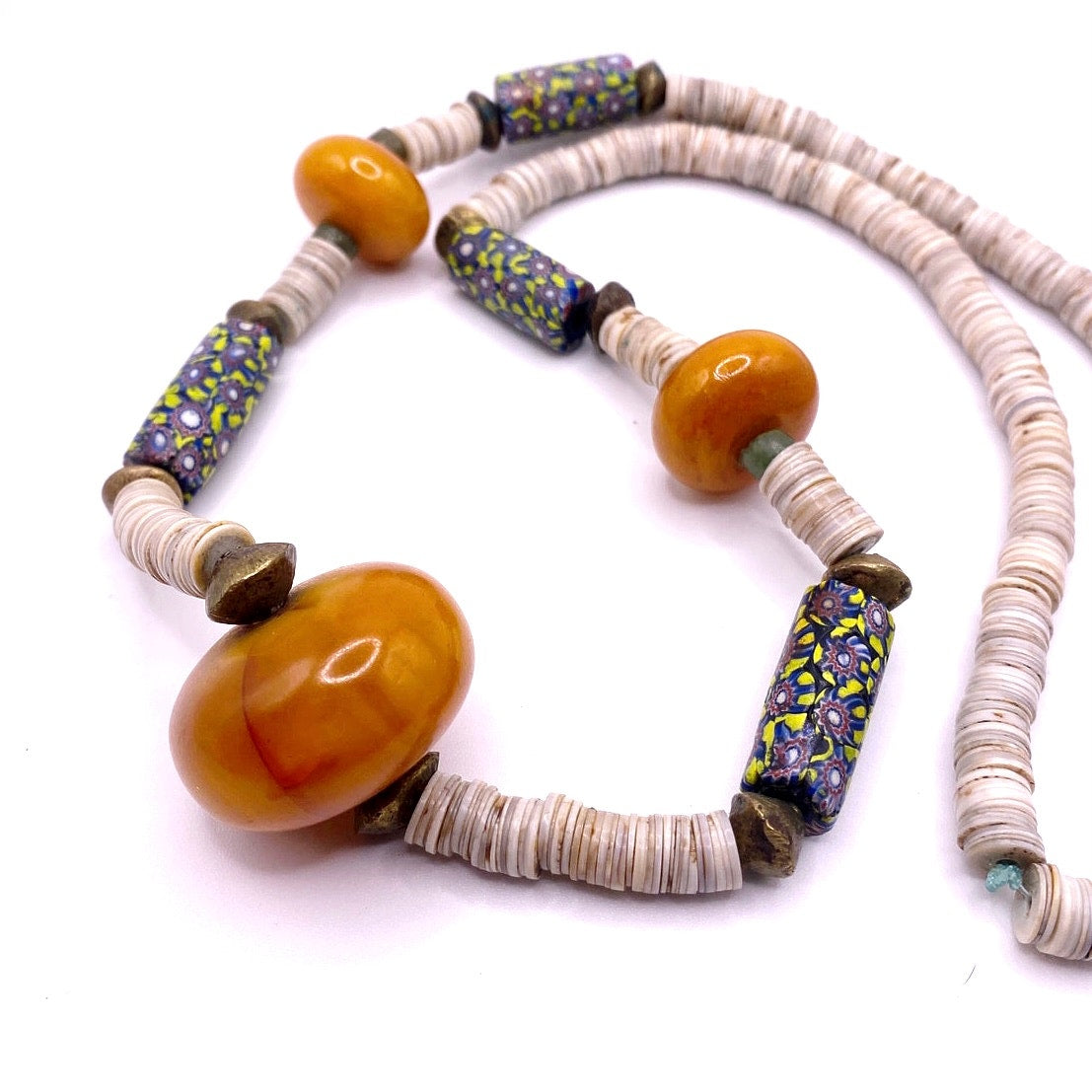 Vtg Necklace Butterscotch Amber Beads and Italian Milllefiori Beads 40” long