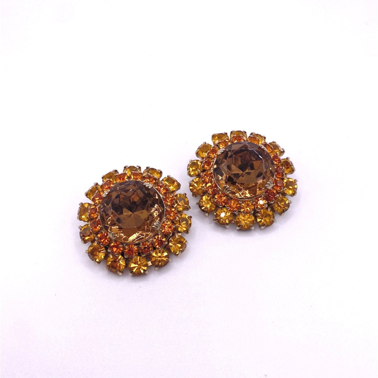 Vntg Yellow Topaz Tone Austrian Crystals Large Clip On Earrings