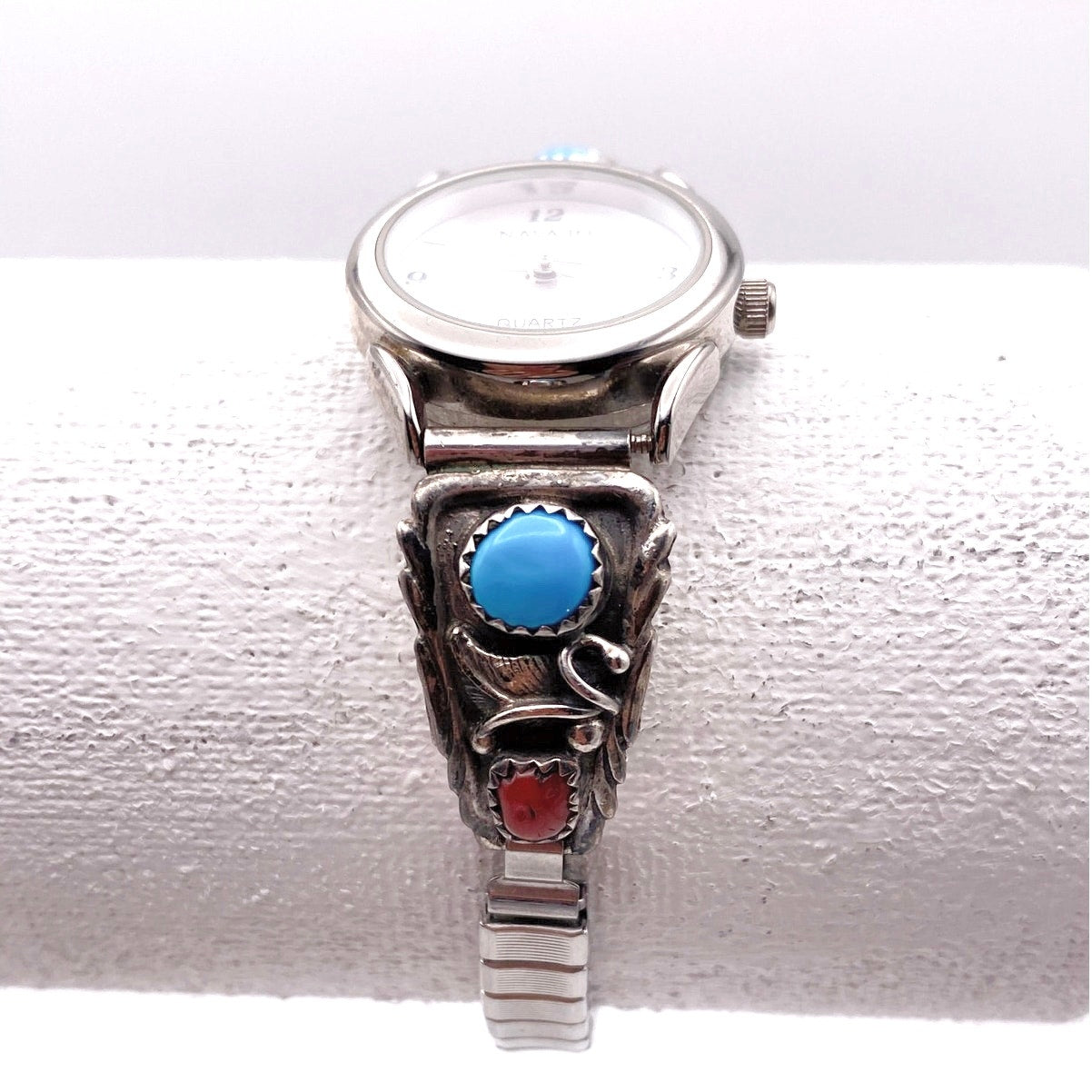Navajo Sterling Silver Watch Stretchy Wrist Bracelet With Turquoise and Coral