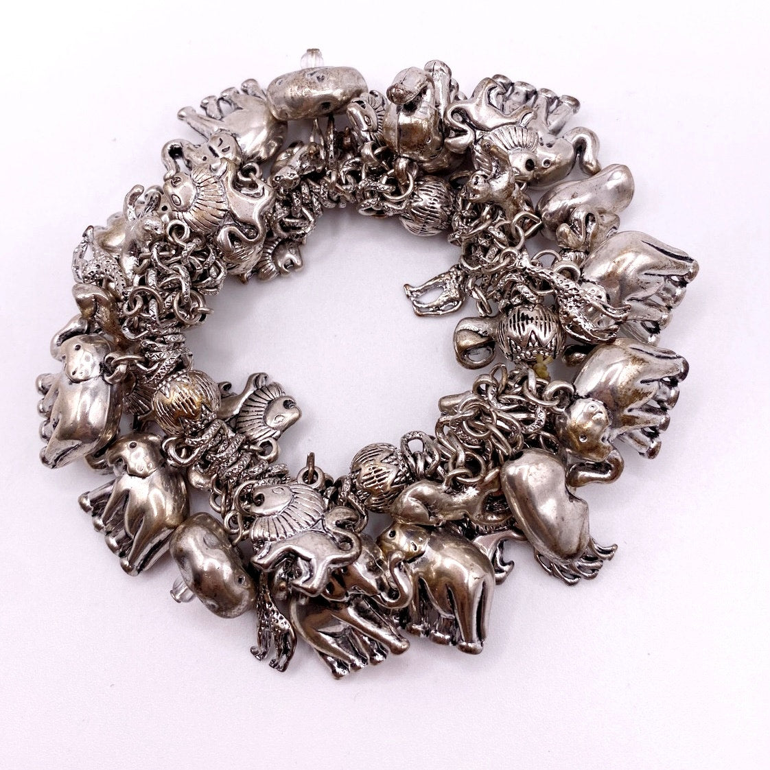 Safari African Animal Charms Stretchy Bracelet Silver Tone Size 7