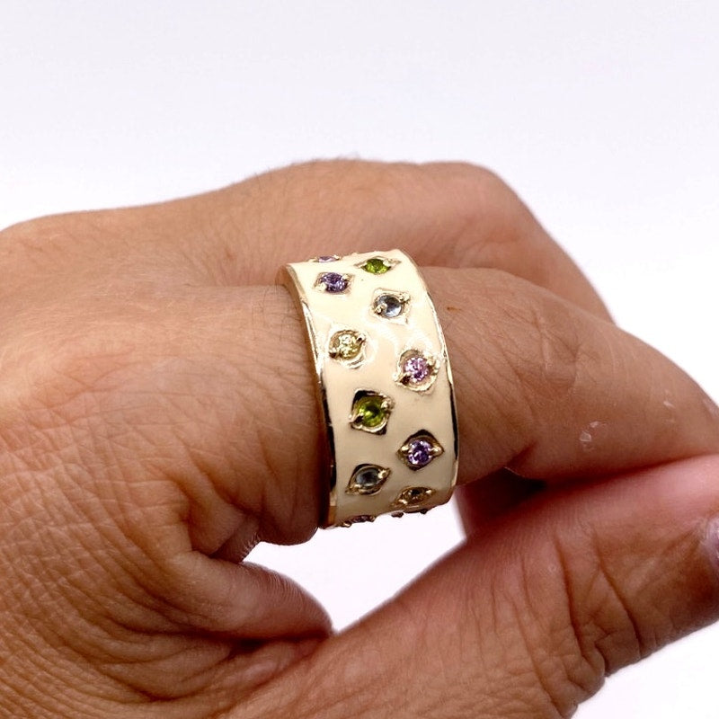 Sterling Silver Gold Vermeil Enamel Wide Band Ring 5.5"