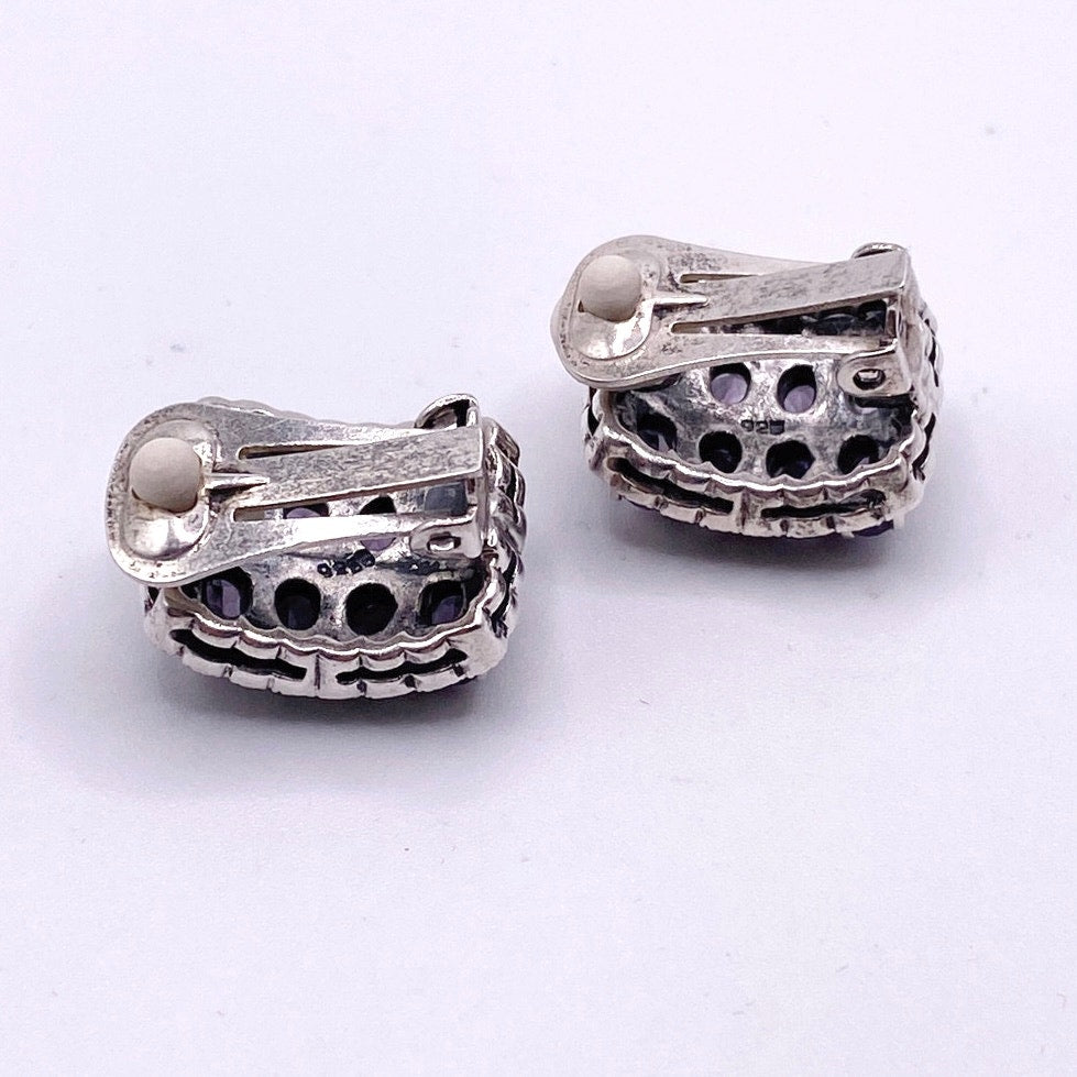 Sterling Silver And Amethyst Gems Vintage Clip On Earrings