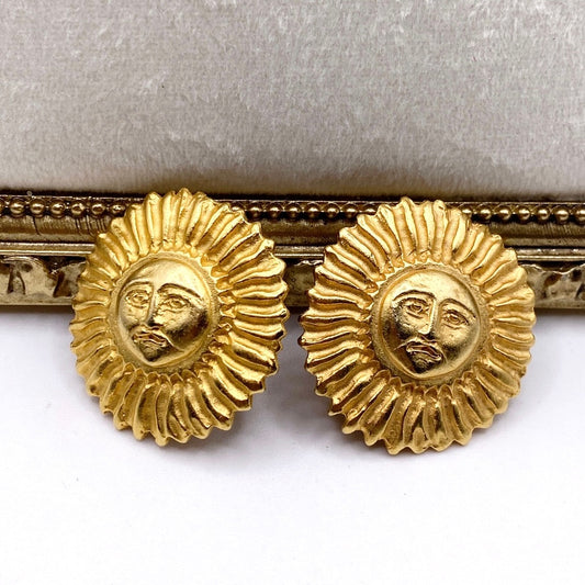 Vintage Clip On Earrings Sun Face 80s Style Gold Brushed Tone