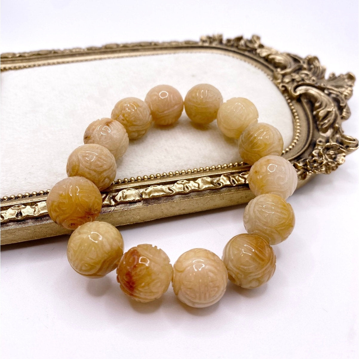 Burmese Carved Jade Bead Stretchy Bracelet - Natural Yellow Jade (12mm) 7-8”