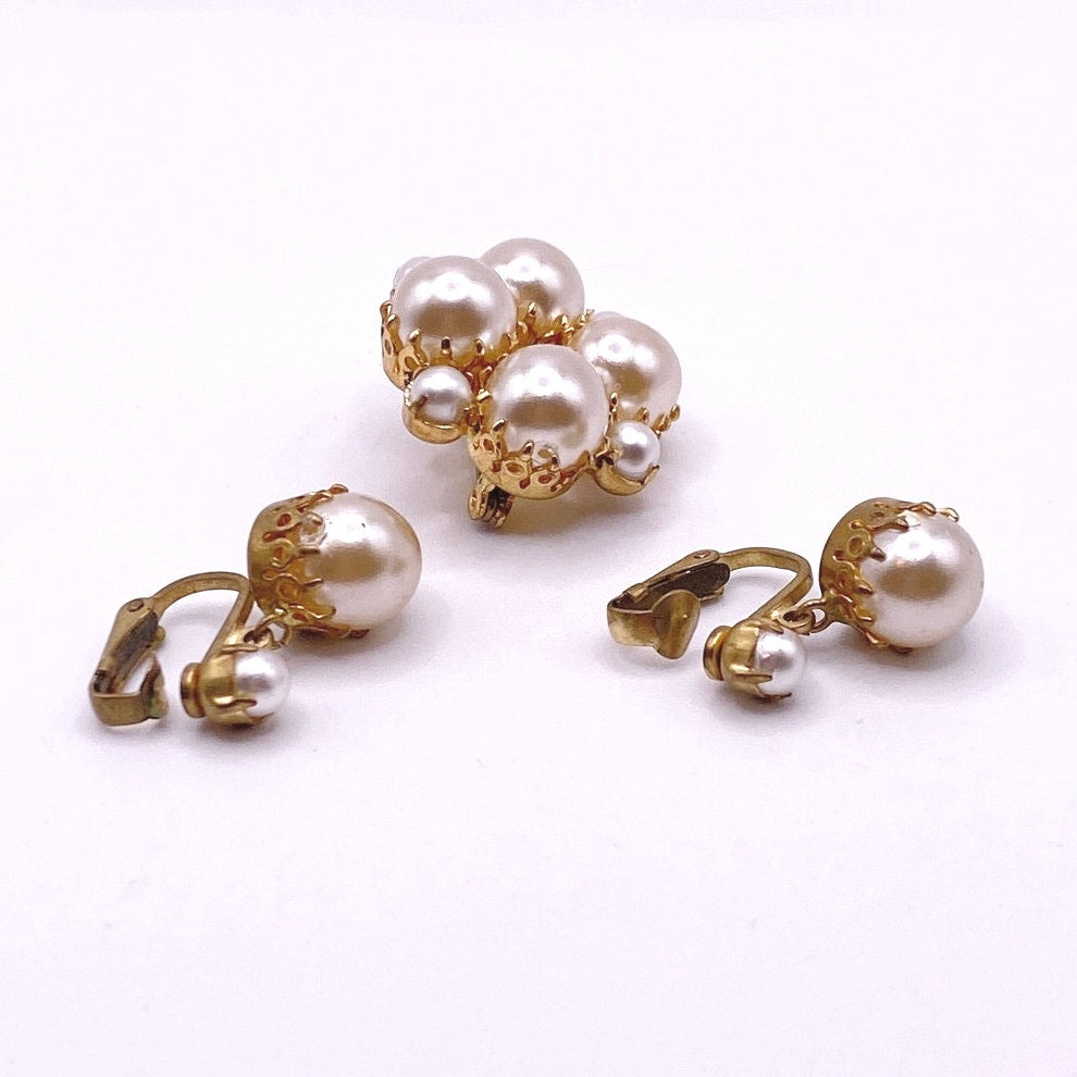 Vintage Clip On Earrings and Brooch Faux Pearls Austria Signed