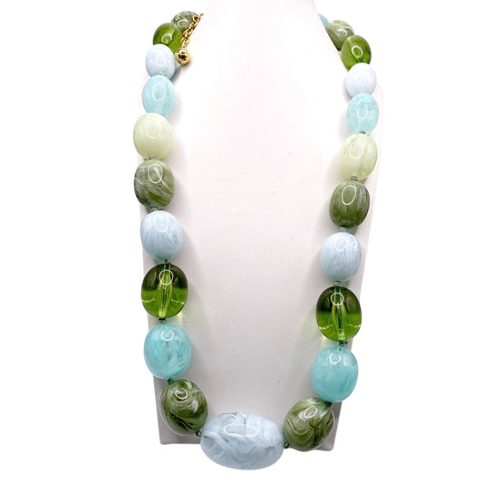 Joan Rivers Green Tones Lucite Chunky Necklace 26” Glows On Dark Light
