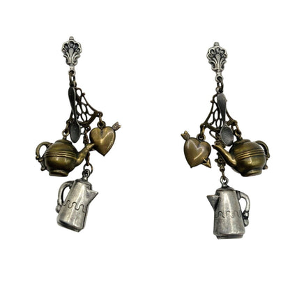 Vintage Brass Tea Party Charms Dangling Earrings 2”