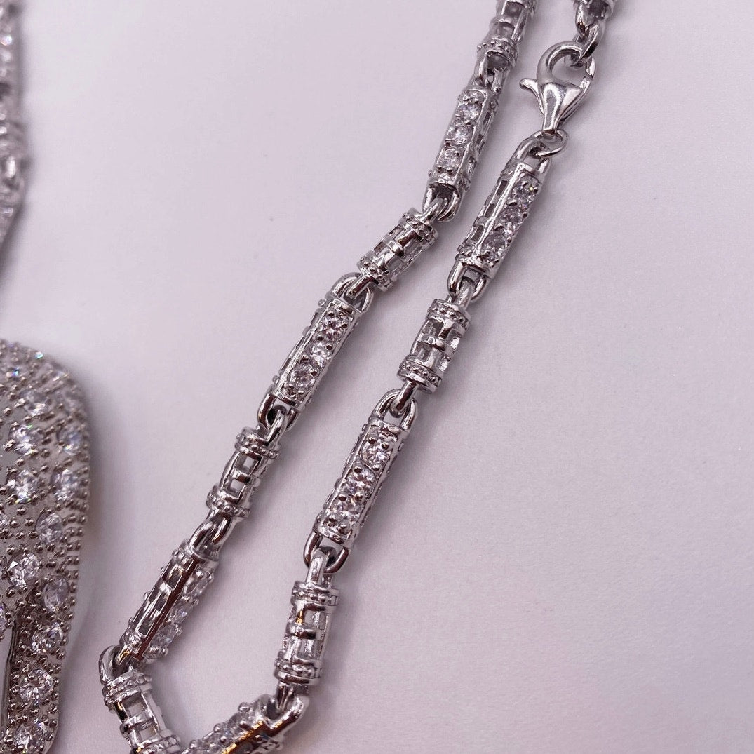 Sterling Silver Full Cubic Zirconia Skull Face Pendant and Necklace 28" long