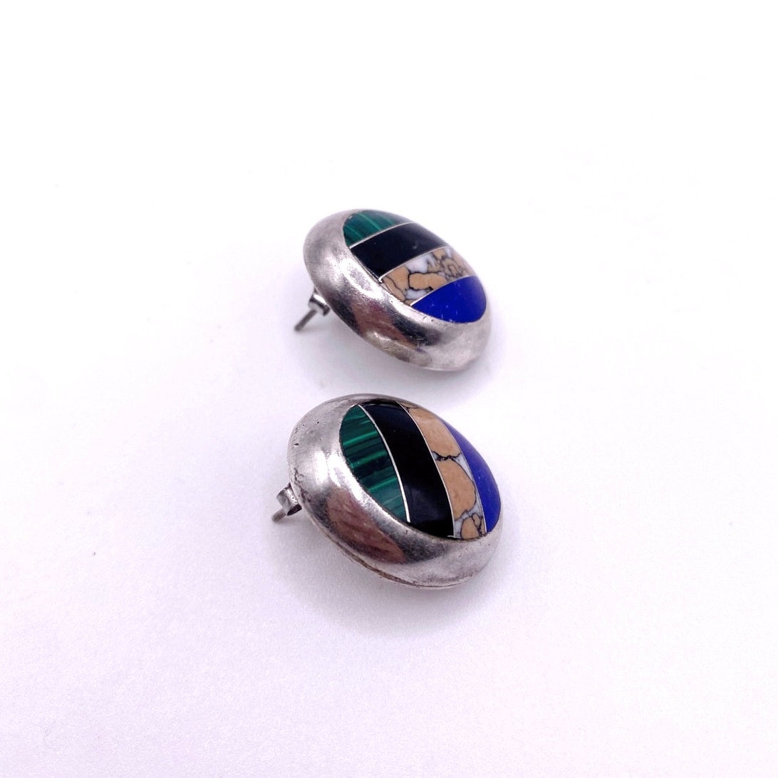 Sterling Silver and Inlaid Gemstones Studs Earrings 2.5cm Long