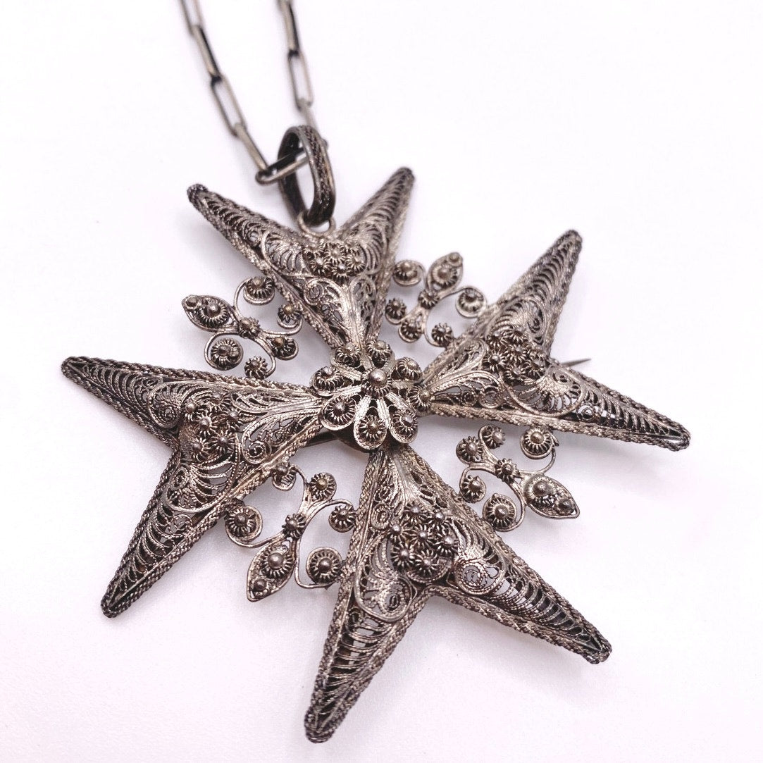 Vintage Metal Artwork Maltese Cross Silver Tone on Paper Clip Necklace 16”