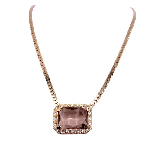 Vintage Beautiful Smoky Glass Crystal Pendant with Gold Tone Chain