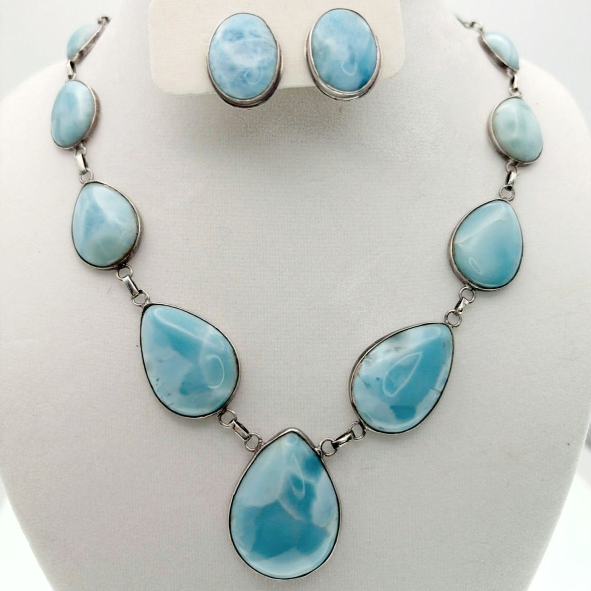Sterling Silver And Larimar Gemstones Necklace 18” and Clip on Earrings Set