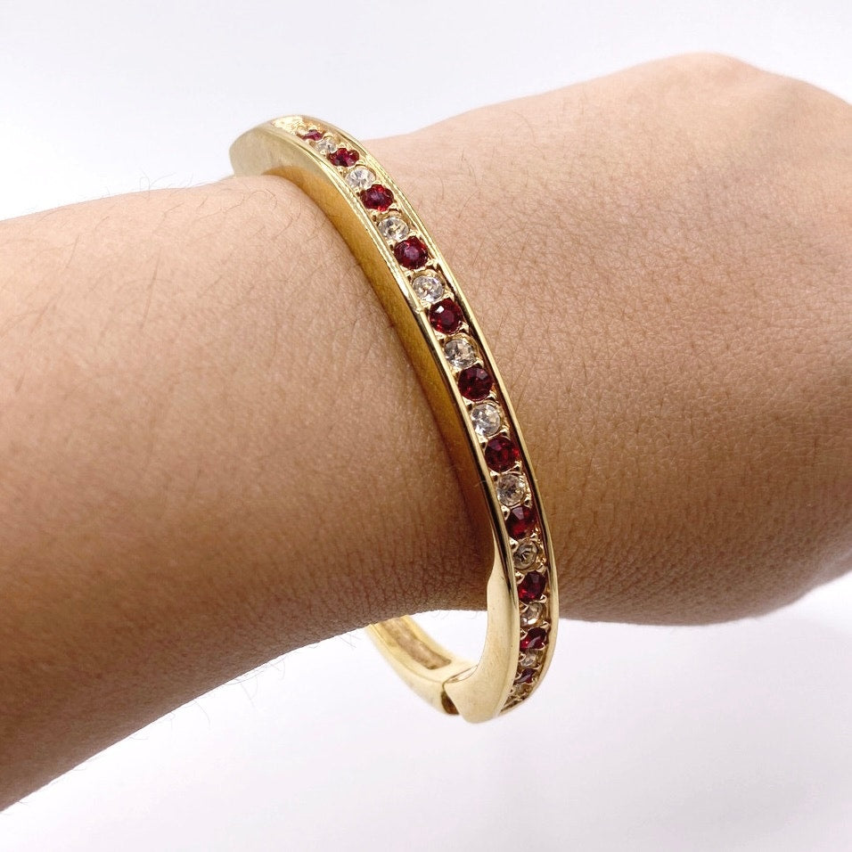 Roman Vintage Bangle Bracelet Gold Tone with Ruby and White Glass Rhinestones 7”