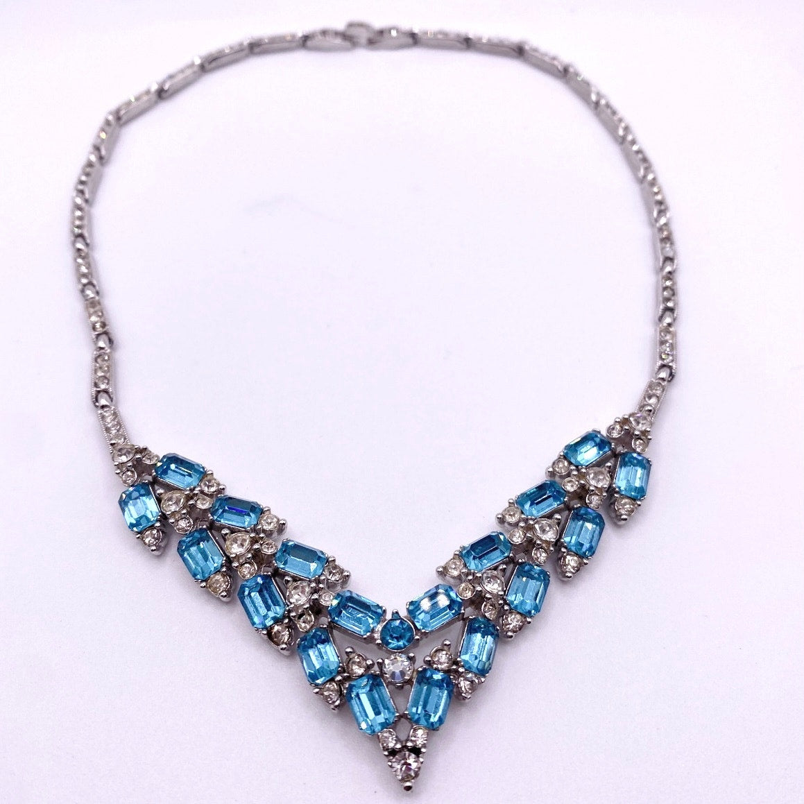 Bogoff Signed Vintage Necklace with Blue and White Rhinestones