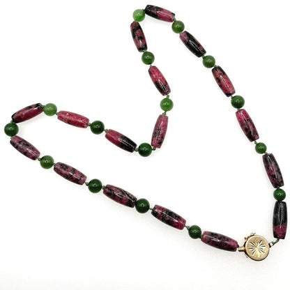 14k Gold Box Closure Vintage Rhodonite Barrel Stones Necklace and Bracelet Set