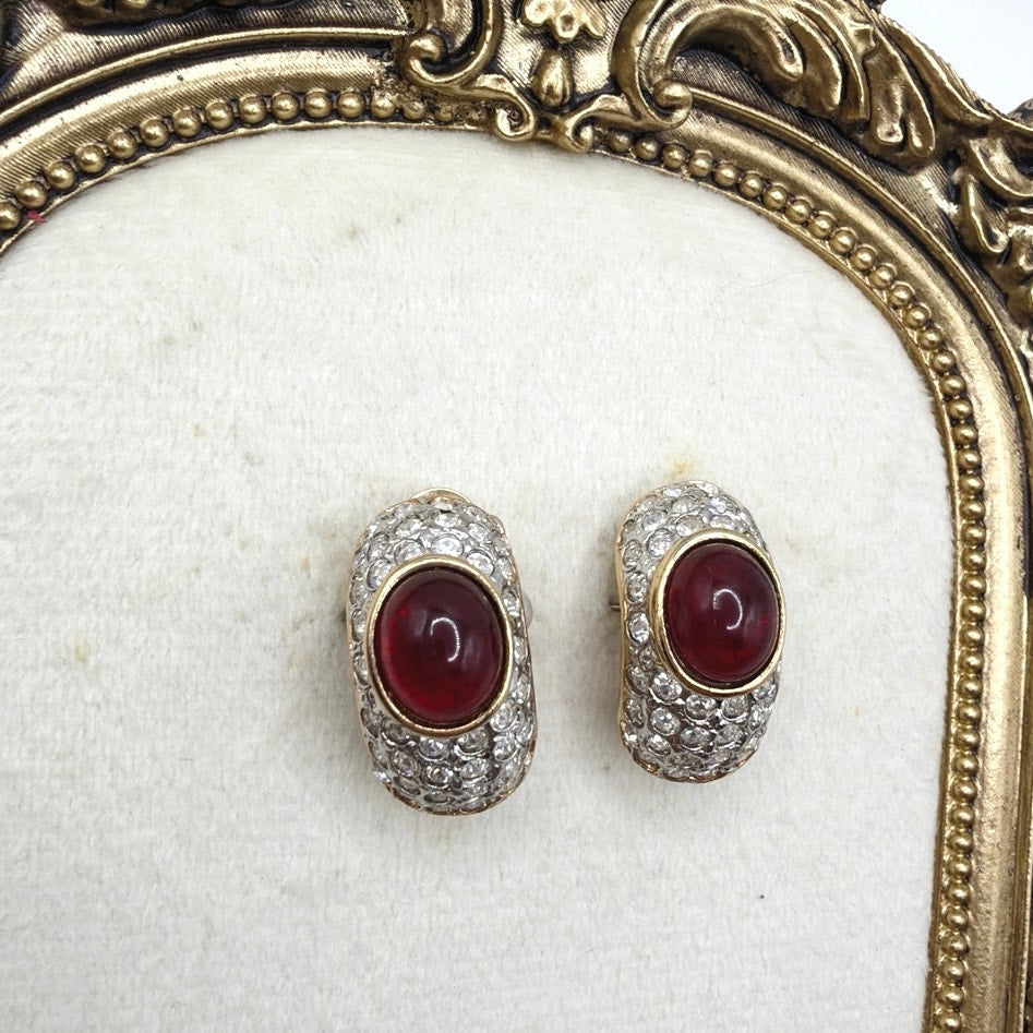Les Bernard Vintage Clip On Earrings Red Glass Cabochon and Rhinestones 1”