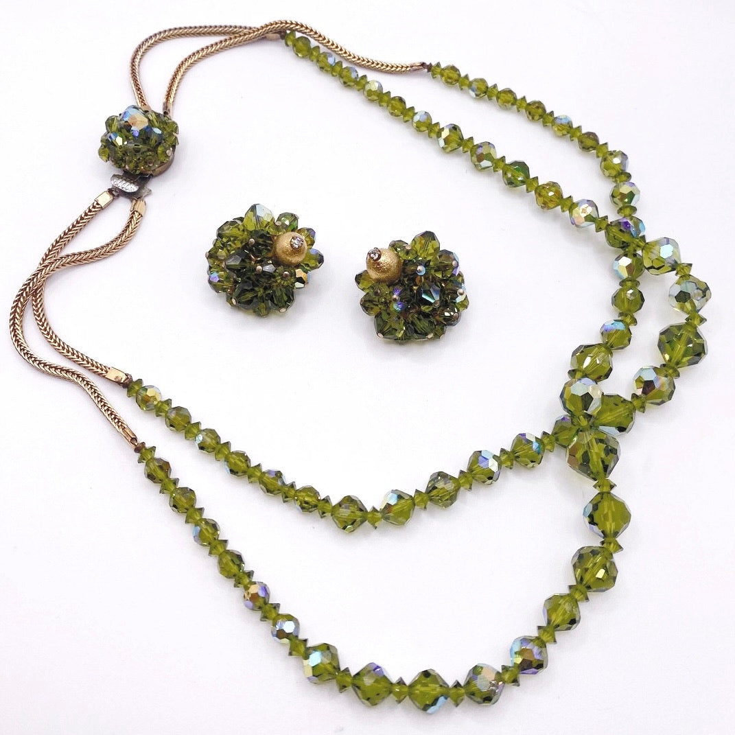 Vntg Double Strand Green Austrian Crystal Necklace 17” and Clip on Earrings Set