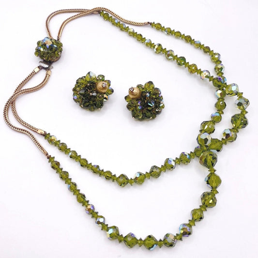 Vntg Double Strand Green Austrian Crystal Necklace 17” and Clip on Earrings Set