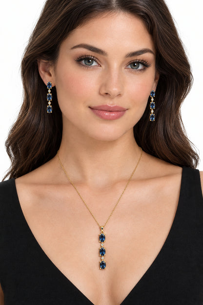 Gold Vermeil Set Necklace 20” Total and Drop Earrings With Blue CZ
