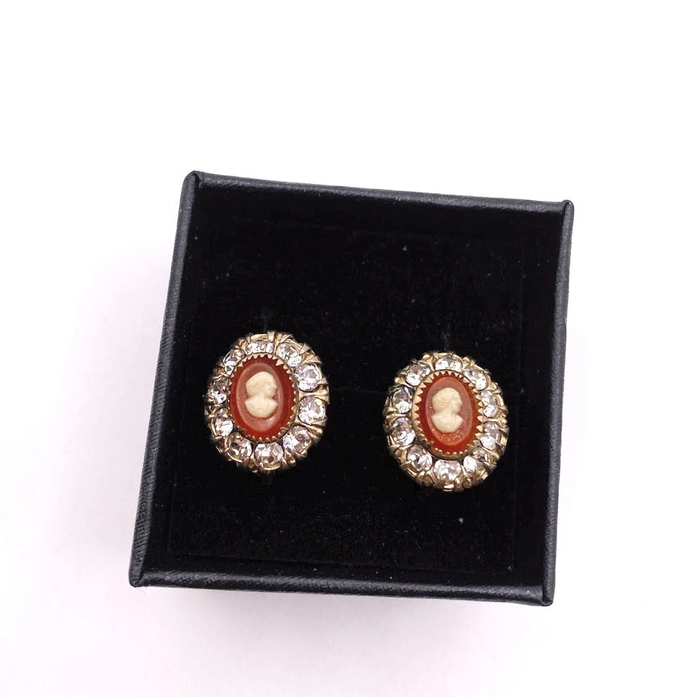 Vintage Screw Back Resin Cameo and Rhinestones Gold Tone