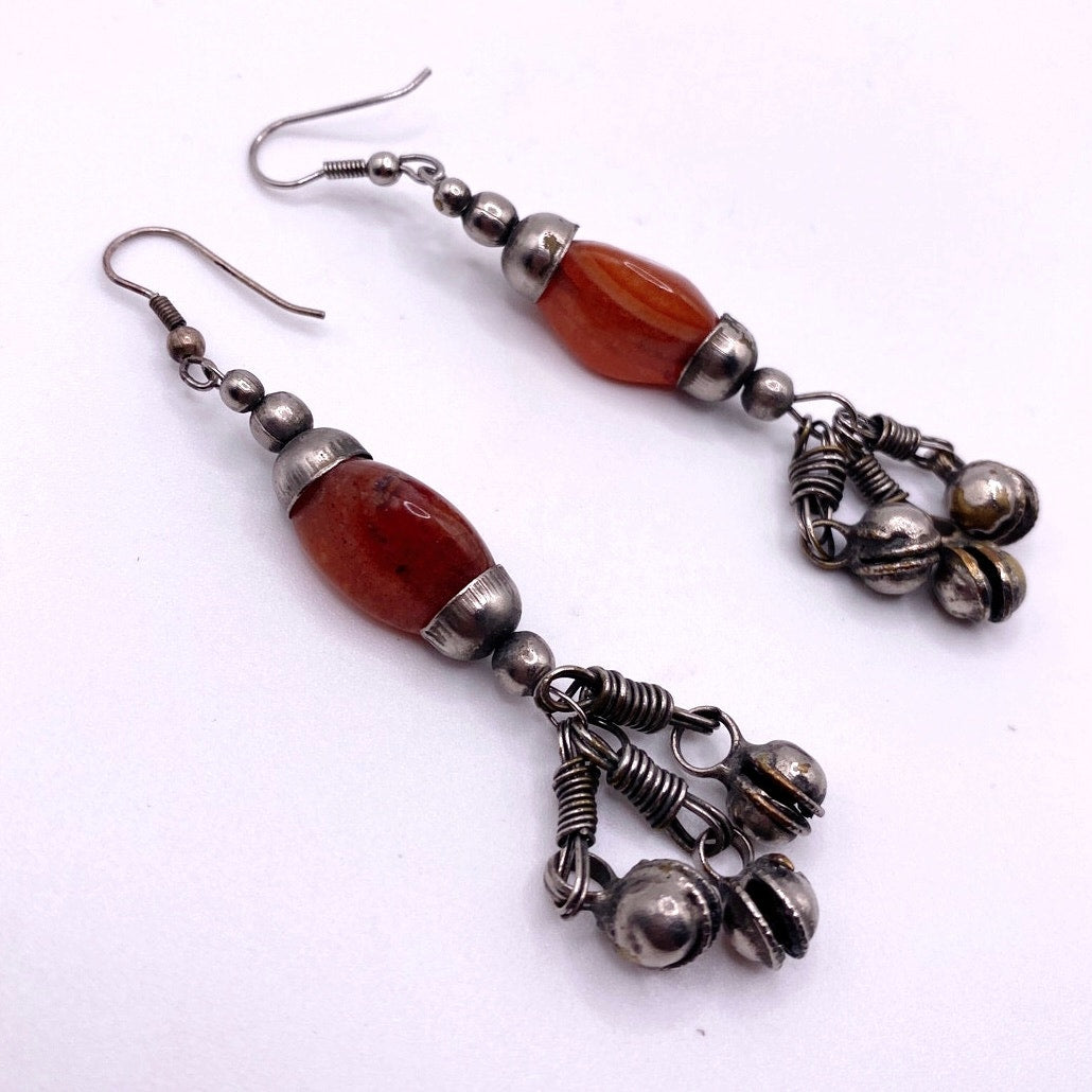 Vintage Tribal Drop Dangle Earrings With Carnelian Stone