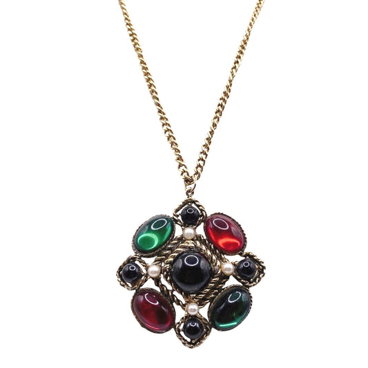 Vintage Colorful Glass Cabochons Pendant 90s Style Necklace 24”