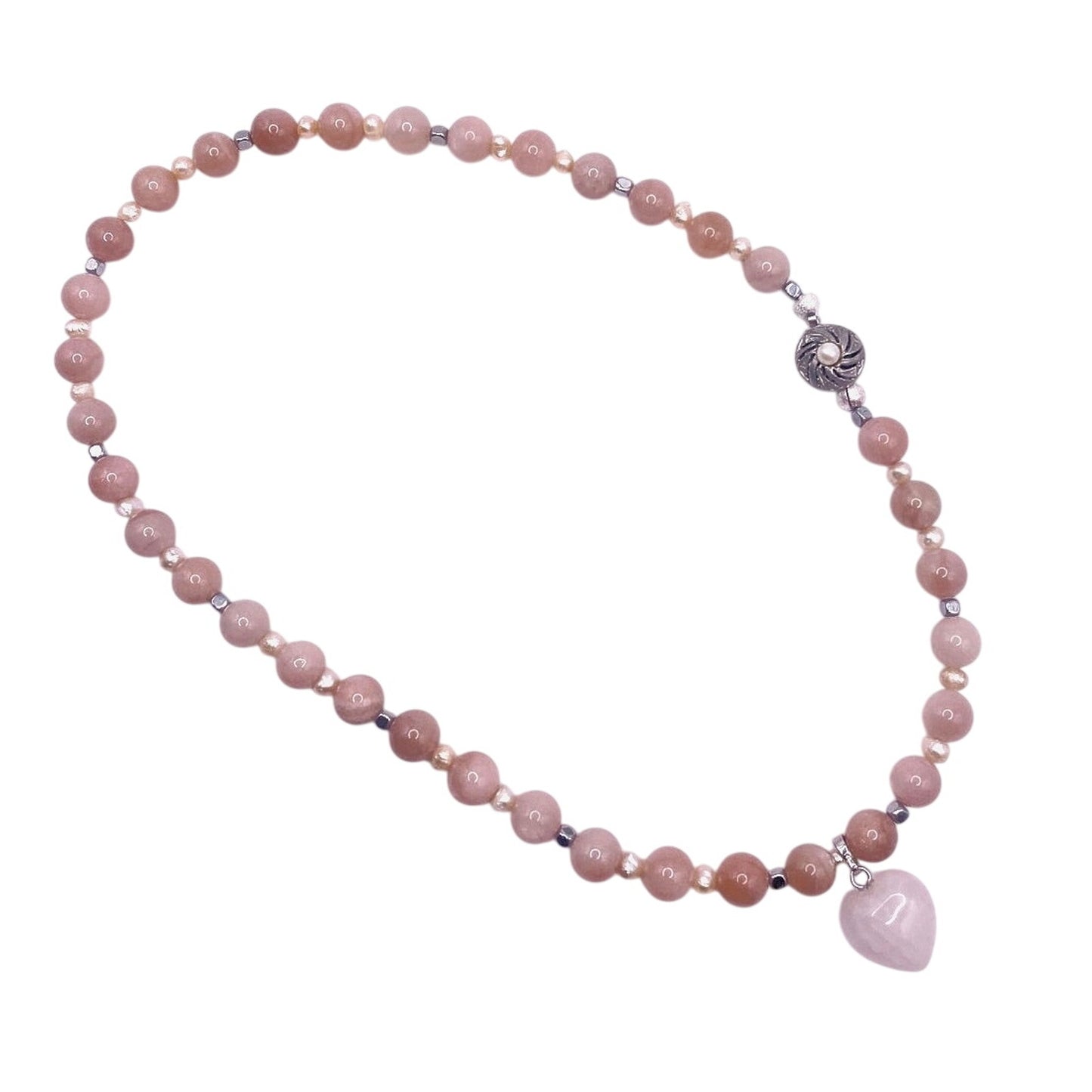 Rose Quartz Heart Sunstone and freshwater Pearls, Hematite Beads Necklace 16”