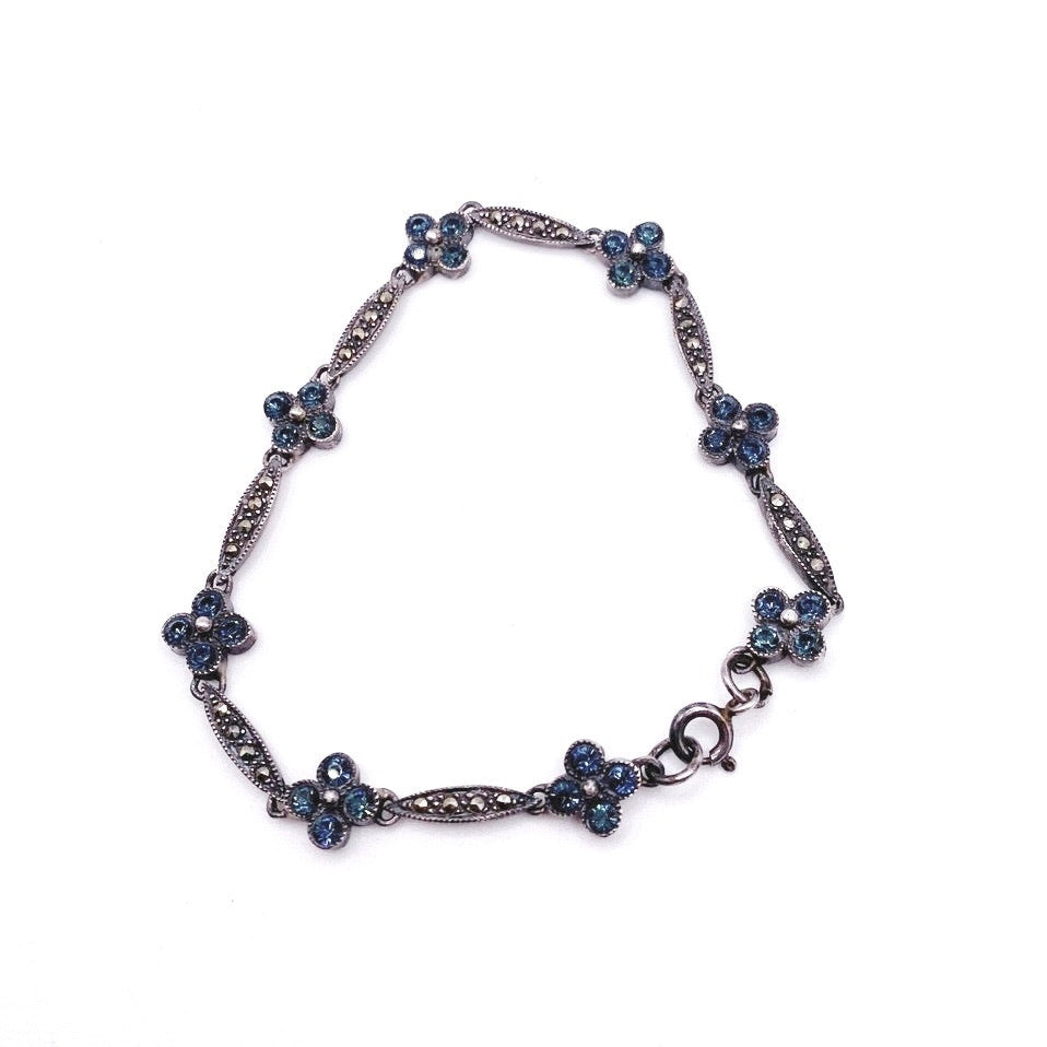 Vntg Sterling Silver With Blue Crystal and Marcasite Flowers Bracelet 7"
