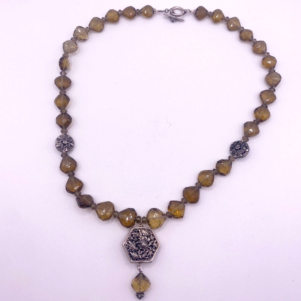 Smoky Quartz Gemstones Necklace with Art Nouveau Floral Beads 15”