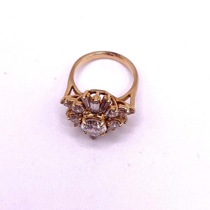 14k Solid Gold Ring with C Zirconia Crystals on Art Deco Design Size 6
