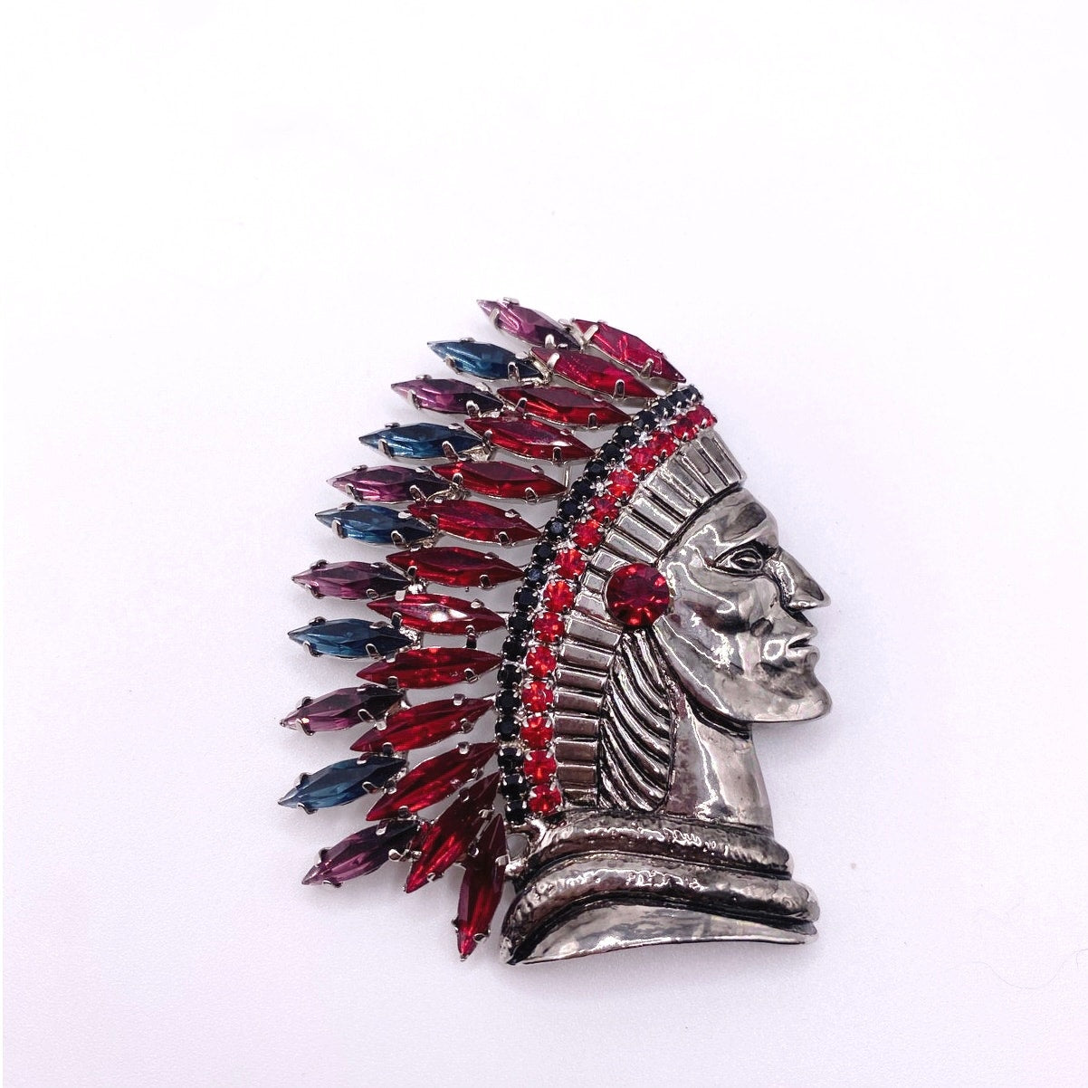 Vntg Indian Head Chief Gunmetal Red Blue Purple Rhinestones headdress brooch
