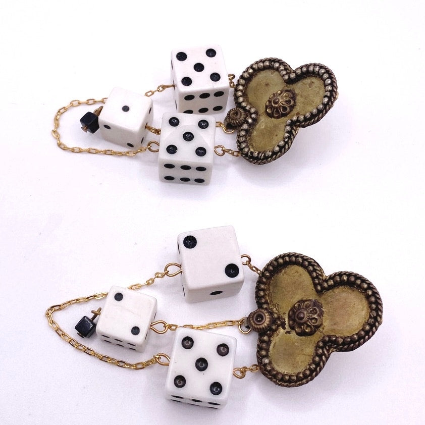Vintage Brass and Resin Dice Handmade Statement Clip On Earrings 80s Style