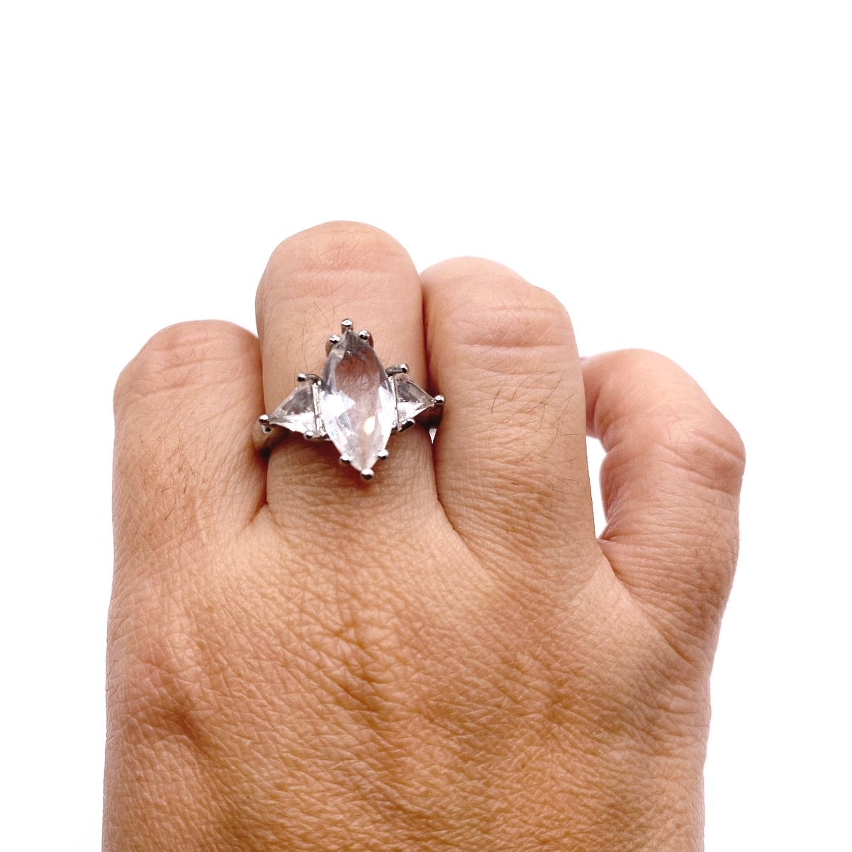 Vintage Sterling Silver Ring Almond Shaped Cubic Zirconia 6”