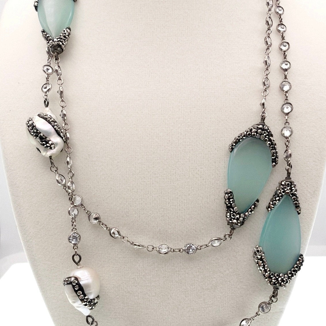 Sterling Silver Necklace Chalcedony Charms and Fresh Water Pearls 40”