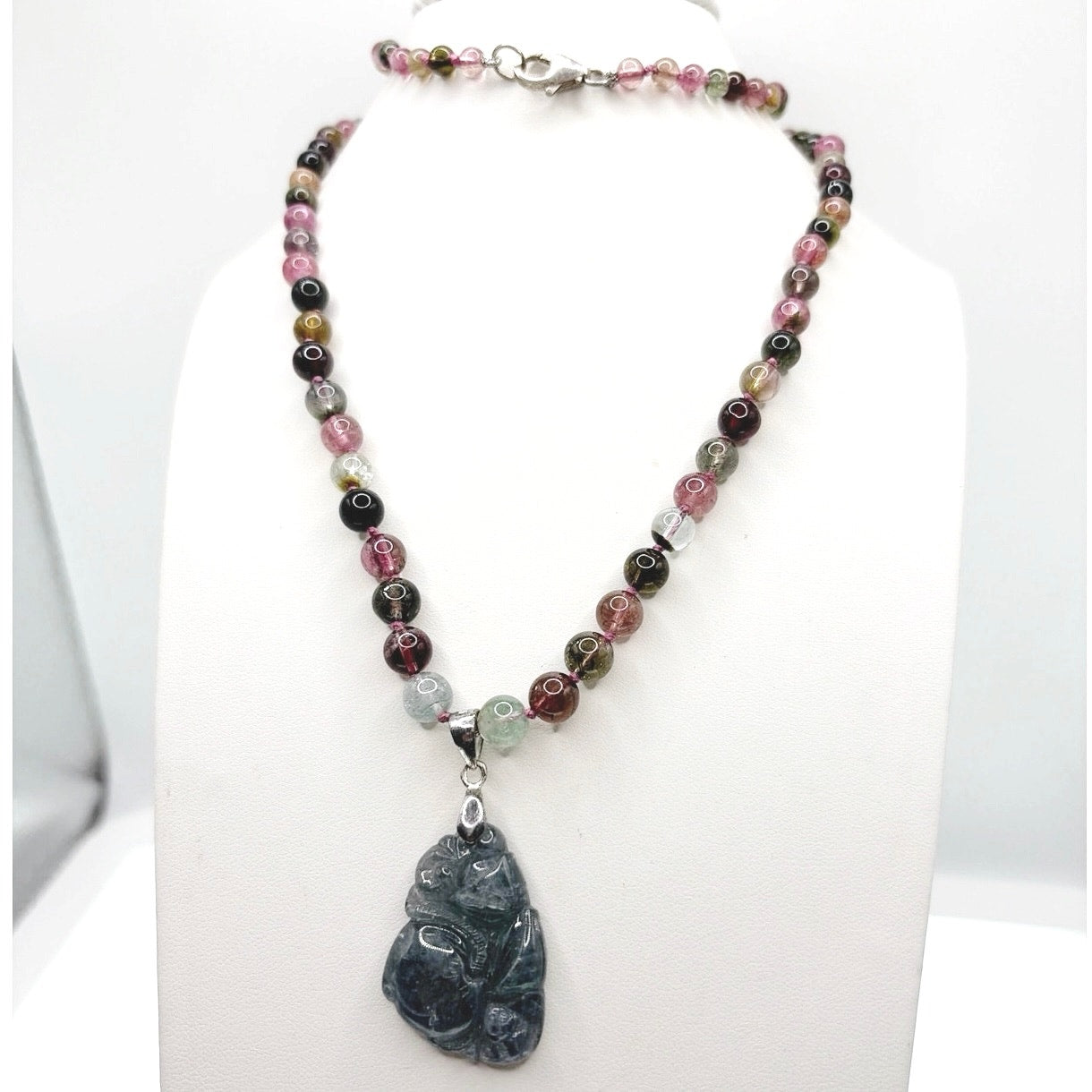Large Tourmaline 24” Necklace With Carved Stone Pendant and Sterling Closure