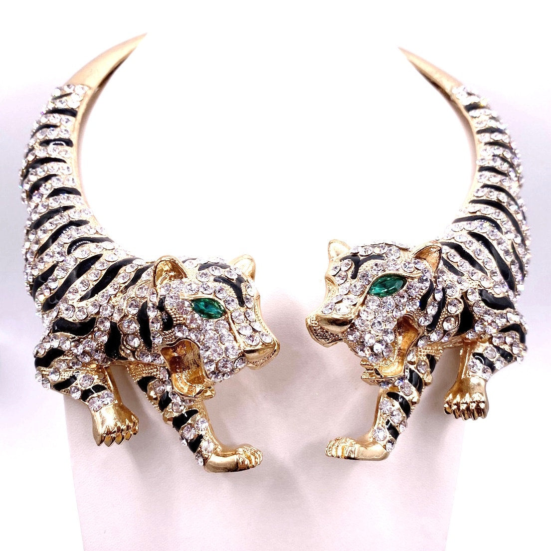Double Tiger Full Rhinestones Collar Statement Necklace