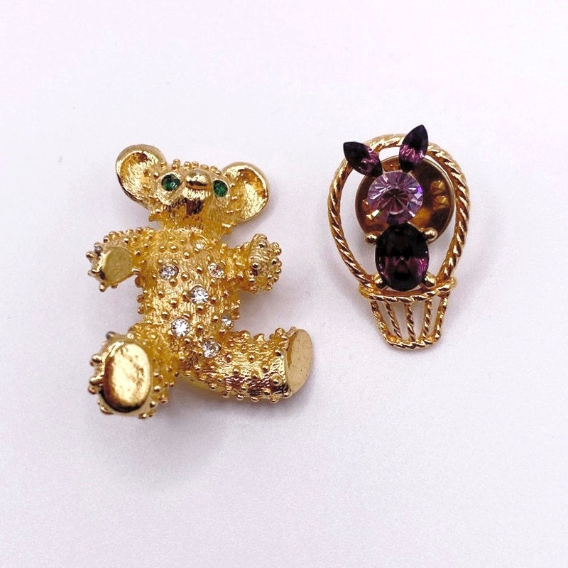 Two Vintage Rhinestones Brooches Bear and Bunny Gold Tone