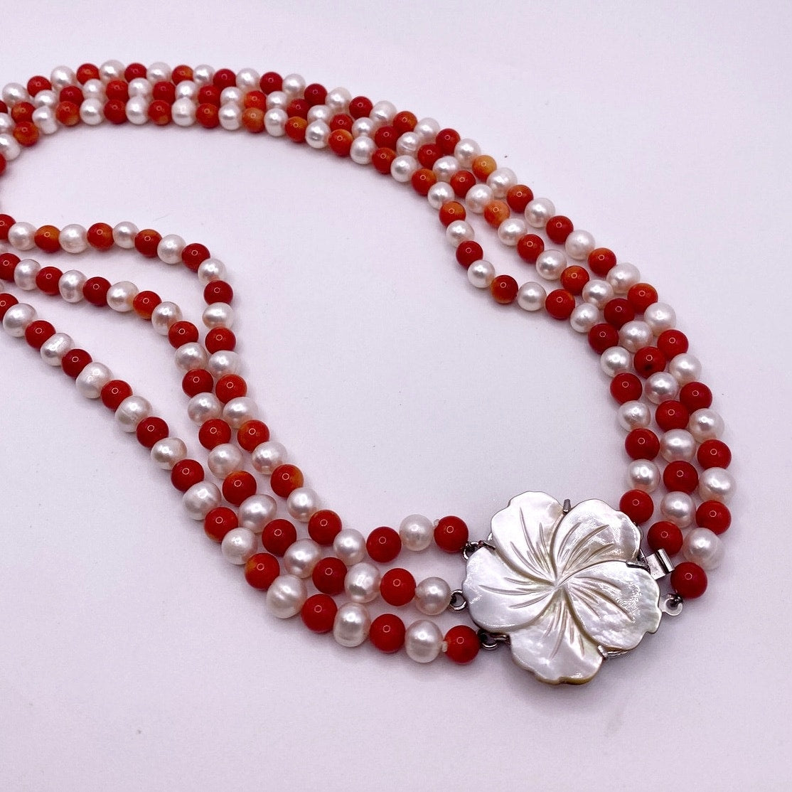 Three Strand Freshwater Pearl and Red Coral Necklace With Motherofpearl Clasp